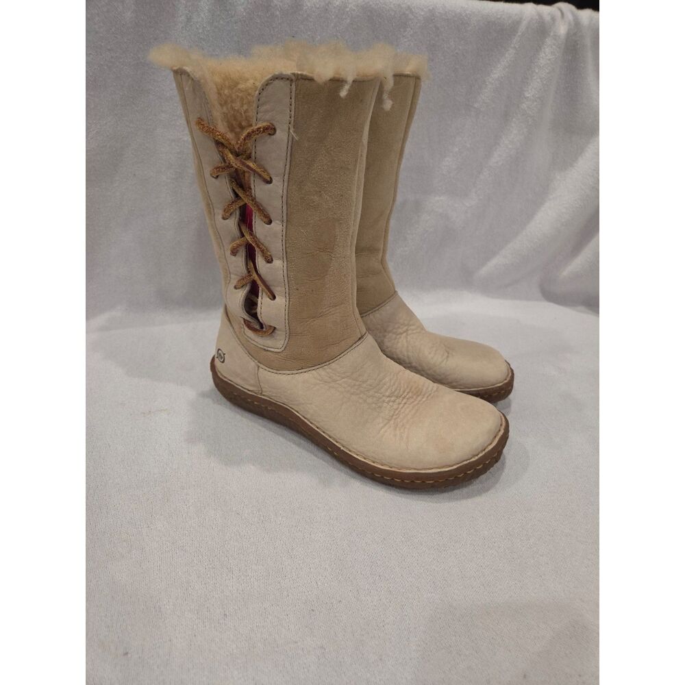Born Yuma Shearling Lined Mid Calf Leather Lace Up Boots Tan Cream Size 6 / 36.5